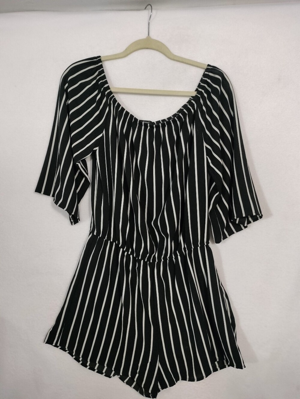 Ambiance Black & White Striped Off-Shoulder Tunic Romper